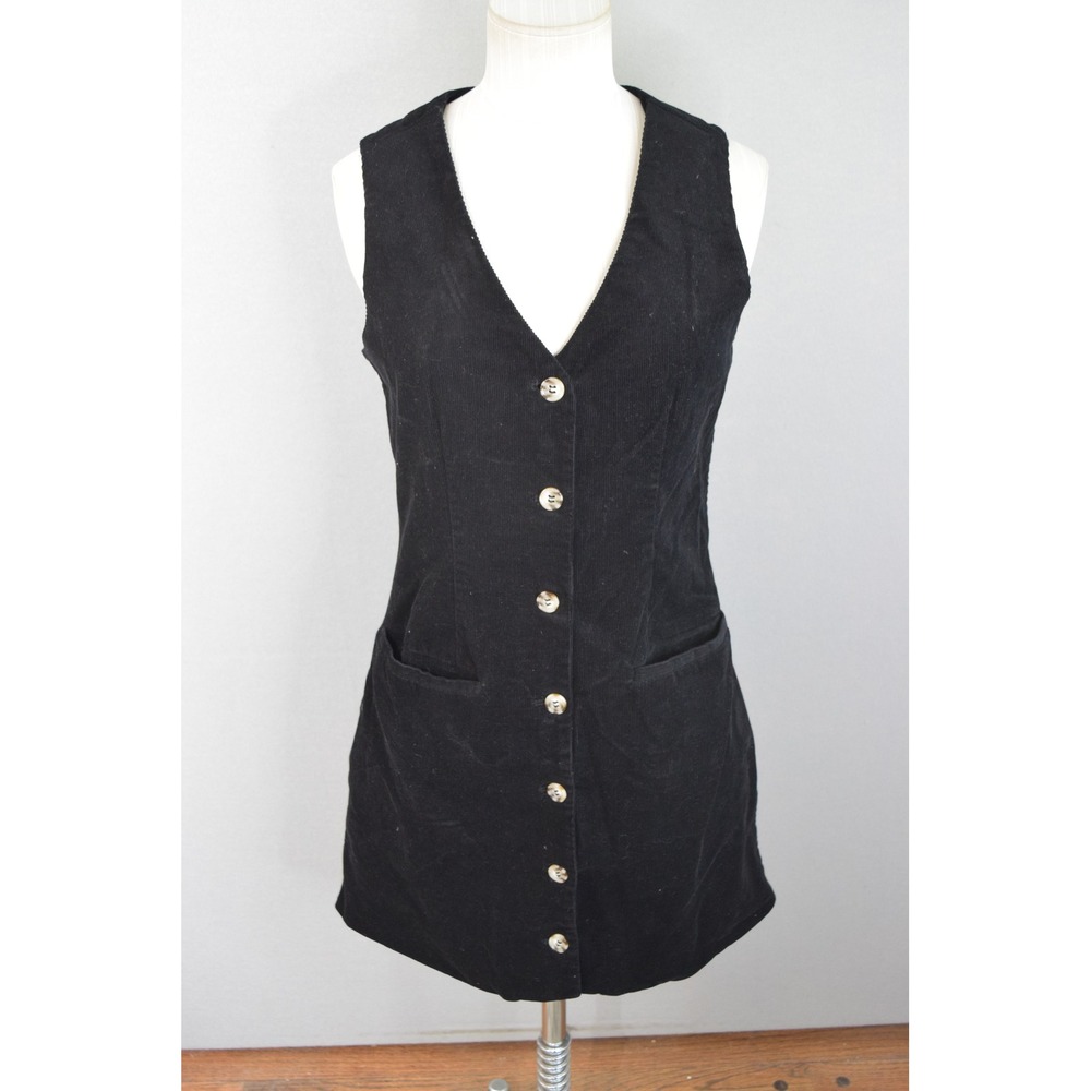Francesca's Corduroy Dress Small Black Button Front Sleeveless Women 90's